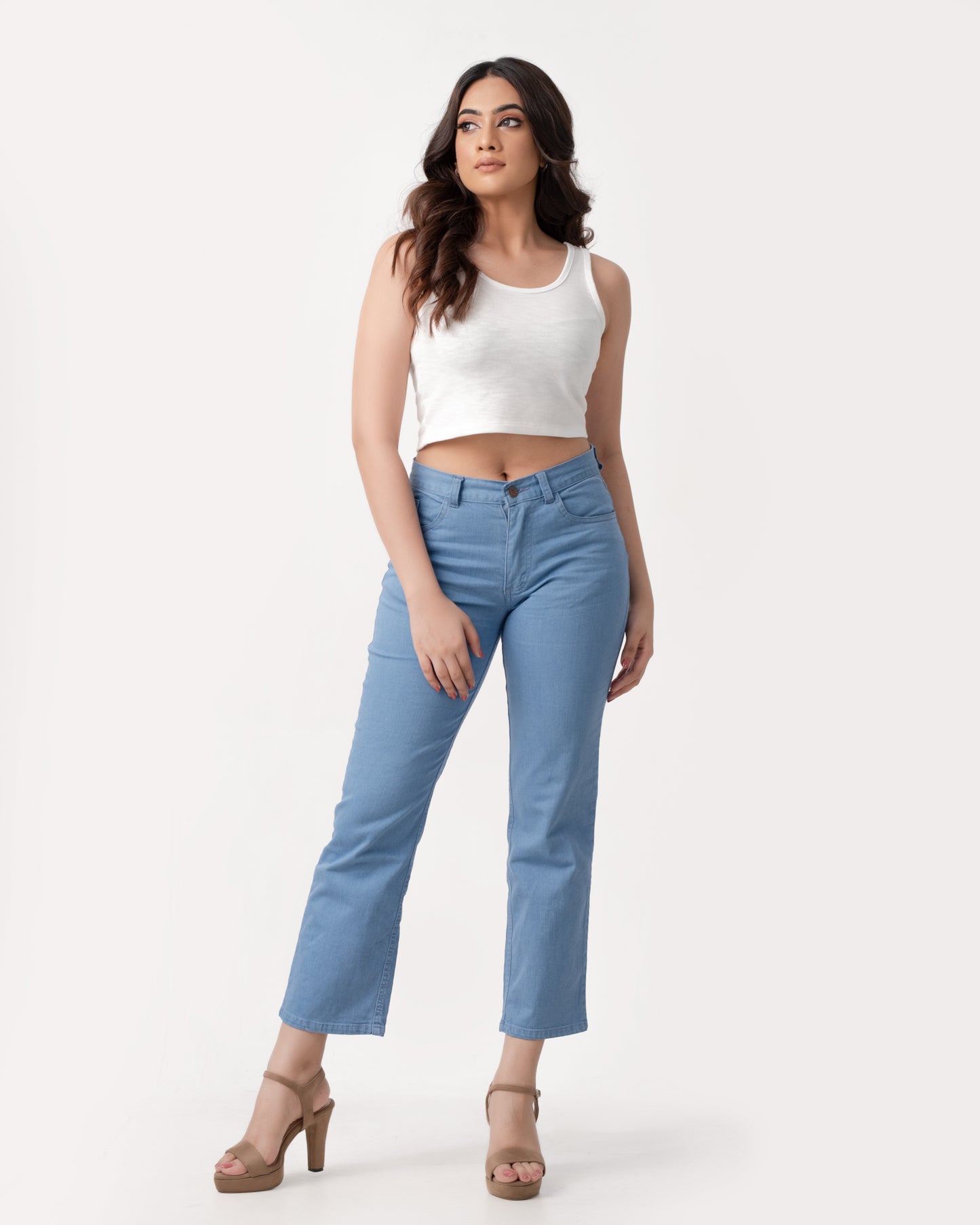 Mid Blue High Rise Straight Leg Jean