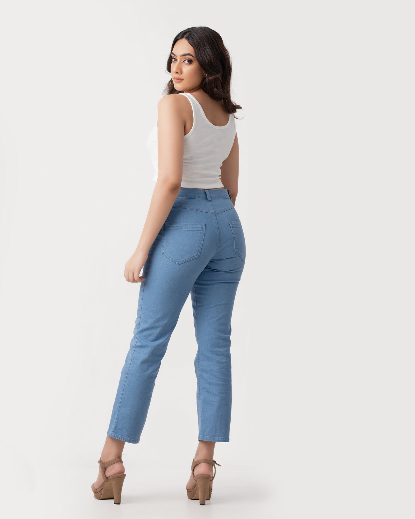 Mid Blue High Rise Straight Leg Jean